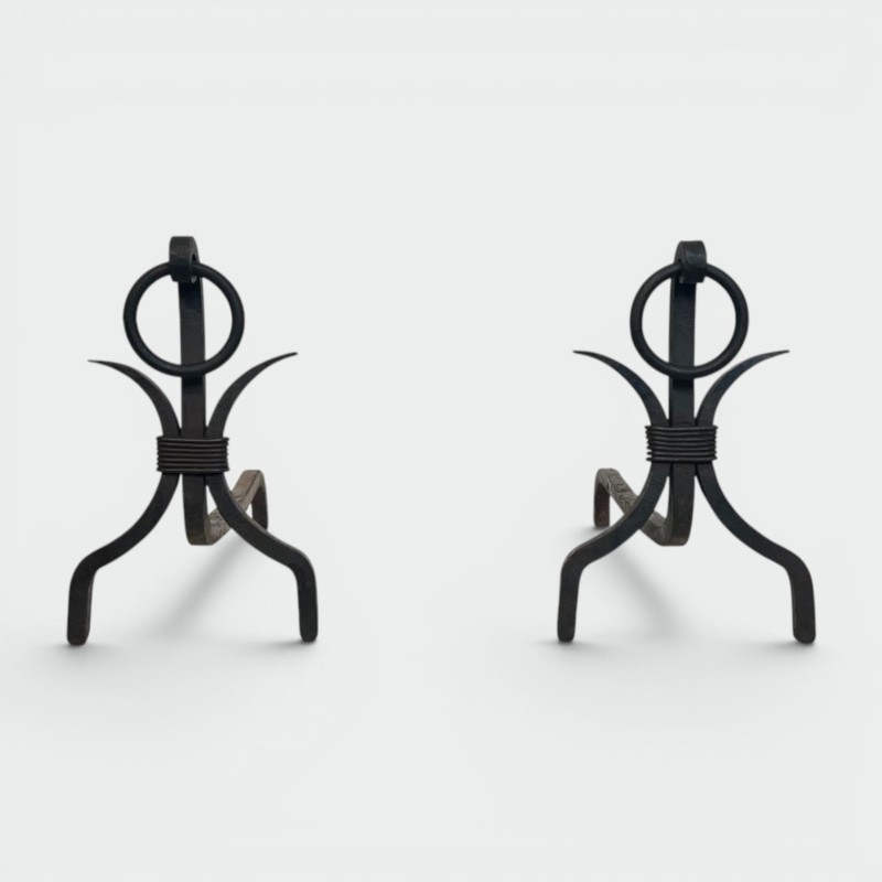 Pair of Modernist Wrought Iron Andirons with Loop Finials in the Style of Jean Royère