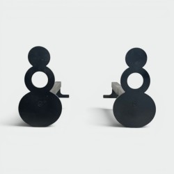 Pair of Modernist Steel Andirons with Figure-Eight Double-Disc Uprights