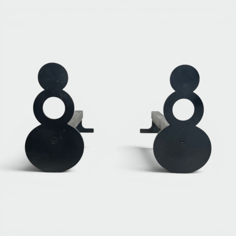 Pair of Modernist Steel Andirons with Figure-Eight Double-Disc Uprights