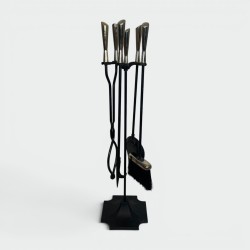 Modernist Black Lacquered Metal and Chrome Fireplace Companion Set with Diamond Finials