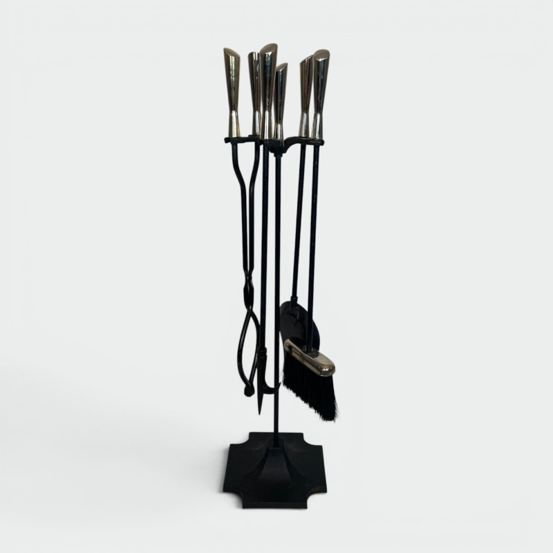 Modernist Black Lacquered Metal and Chrome Fireplace Companion Set with Diamond Finials