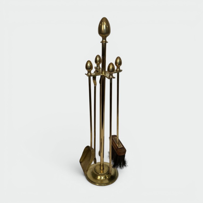 Nécessaire de Feu en Laiton Néoclassique à Finials Ovoïdes, Goût Maison Jansen