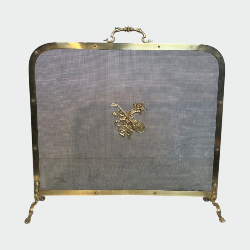 Pare-Feu Néoclassique en Laiton et Grillage, Appliques de Mandoline et Fleurs, Marqué MS