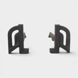Pair of Small Modernist Cast Iron and Wrought Iron Andirons with Arch Uprights