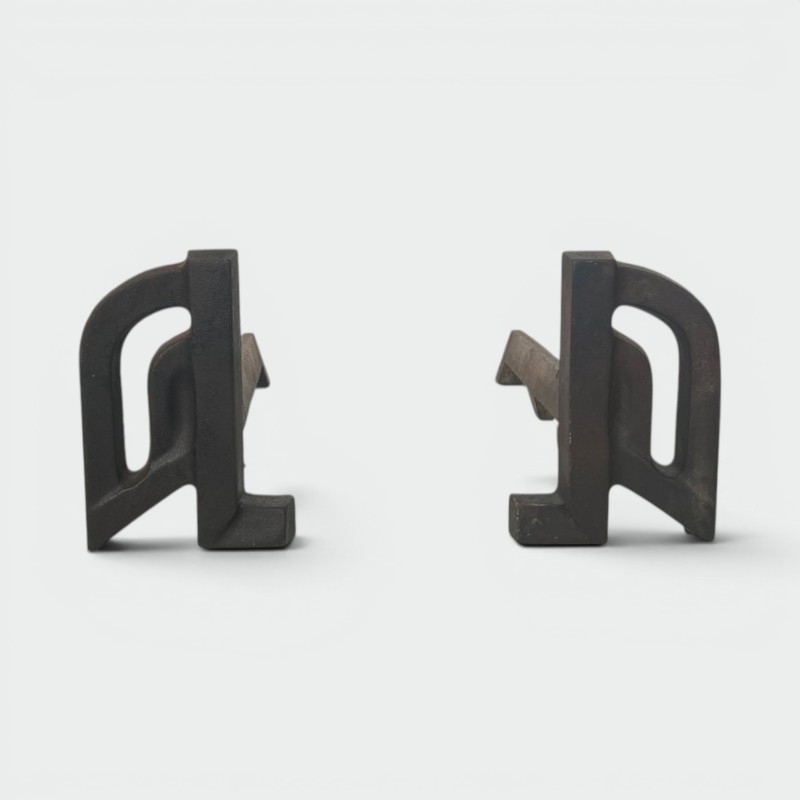 Pair of Small Modernist Cast Iron and Wrought Iron Andirons with Arch Uprights