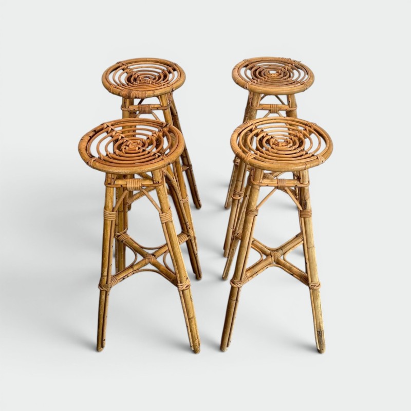 Suite de Quatre Tabourets de Bar en Rotin, Mid-Century Modern, v. 1970