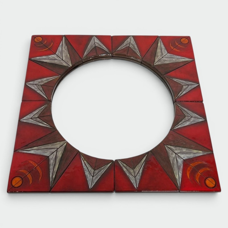 Ceramic Sun Mirror on Red Ground, Attributed to Oswald Tiberghien — Belgian Work, Circa 1960