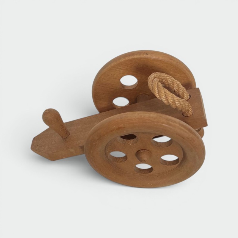 Cannon-Shaped Bottle Holder in Carved Wood and Rope, Audoux-Minet, France, circa 1970
