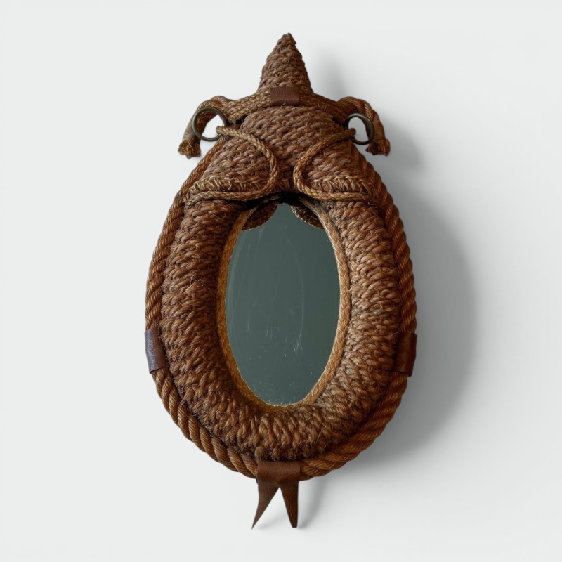 Miroir Ovale en Corde et Cuir d'Audoux-Minet — Travail Français, Vers 1970