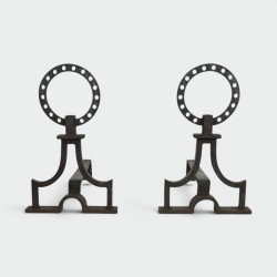 Pair of Modernist Wrought Iron Ring-Finial Andirons in the Style of Gilbert Poillerat