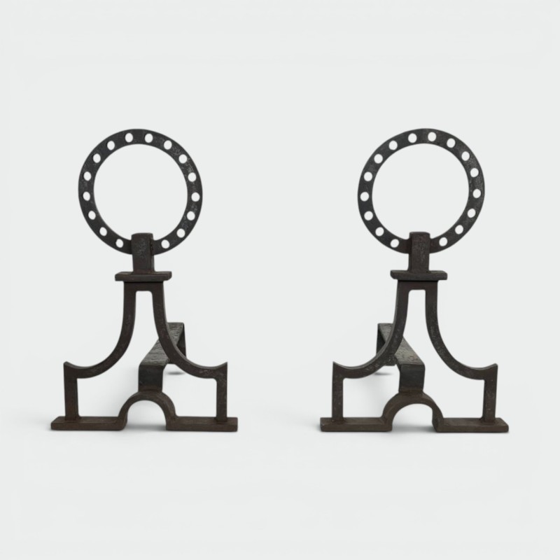 Pair of Modernist Wrought Iron Ring-Finial Andirons in the Style of Gilbert Poillerat