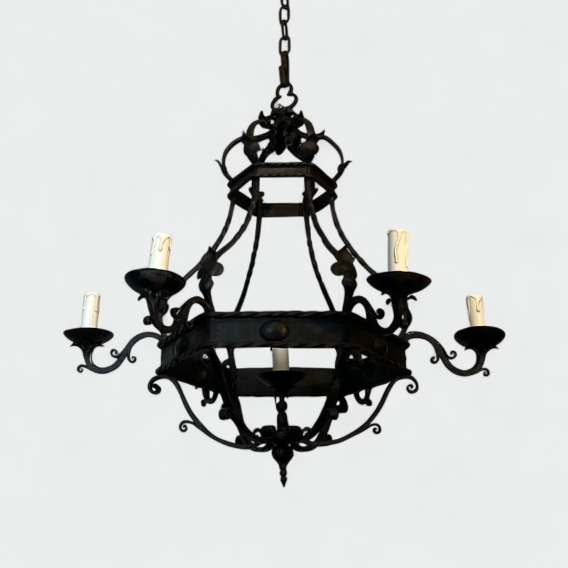 Wrought Iron Cage Chandelier 7 Lights Gothic Style France circa 1950