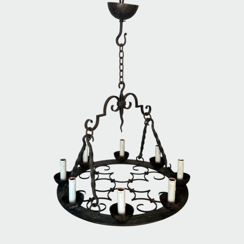Lustre Rond Fer Forgé 8 Lumières Style Gothique France circa 1950