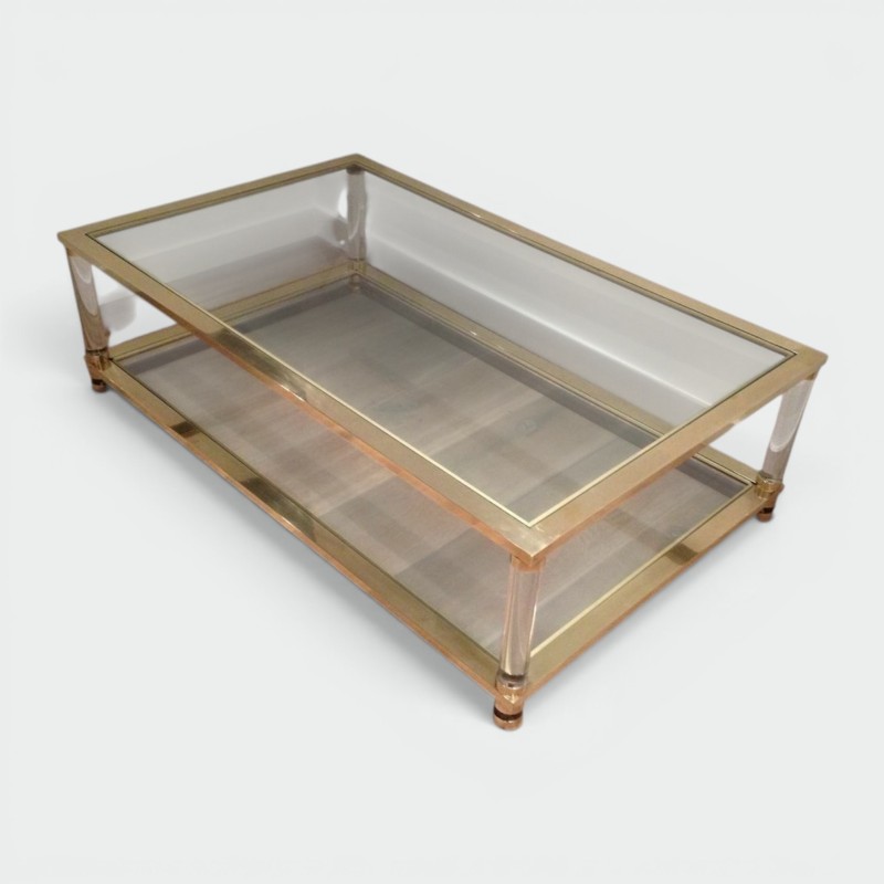 Large Two-Tier Lucite and Brass Coffee Table, French Work, France, circa 1970