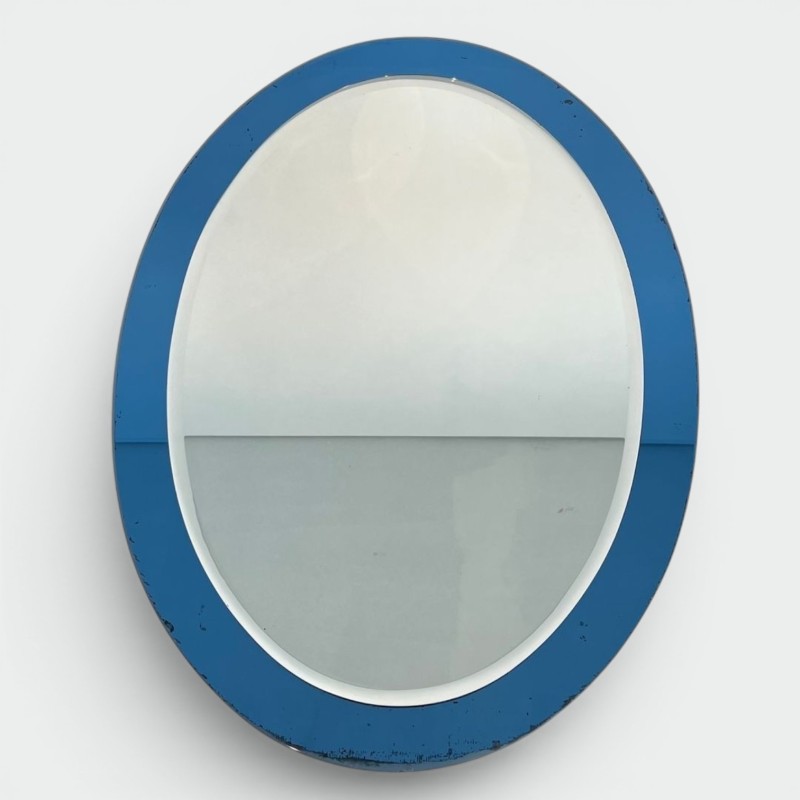 Oval Mirror with Blue-Tinted Glass Surround by Fontana Arte — Italian Work, Circa 1970