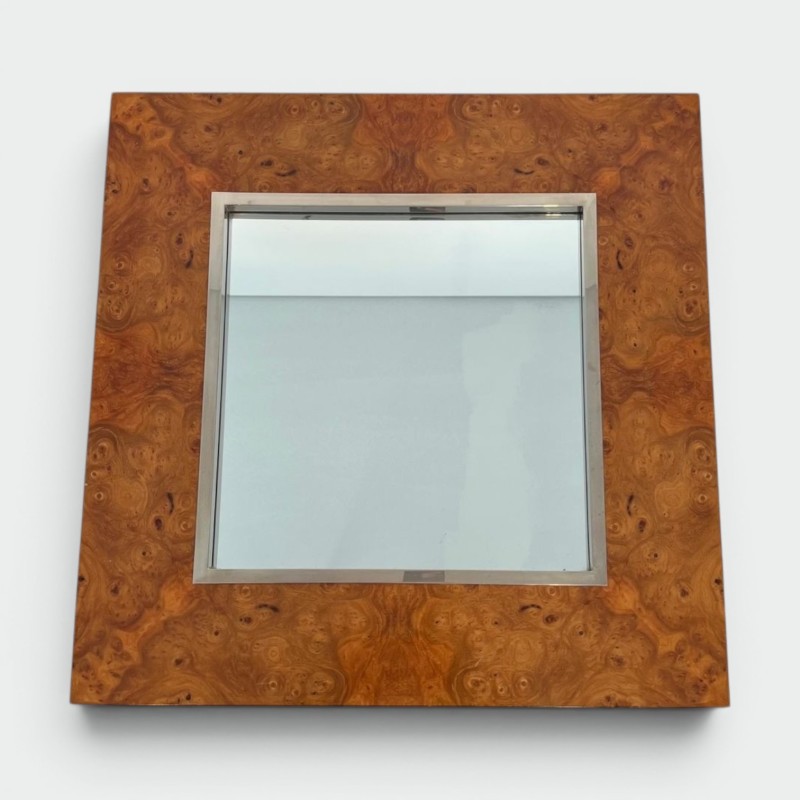 Square Elm Burl Veneer and Chrome Mirror by Willy Rizzo — Italian Work, Circa 1970