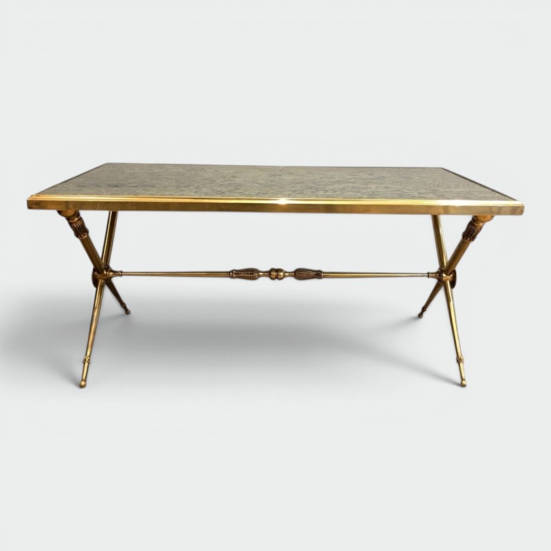 Table Basse Laiton Marbre Vert, Dans le Goût de Raymond Subes, France, vers 1940