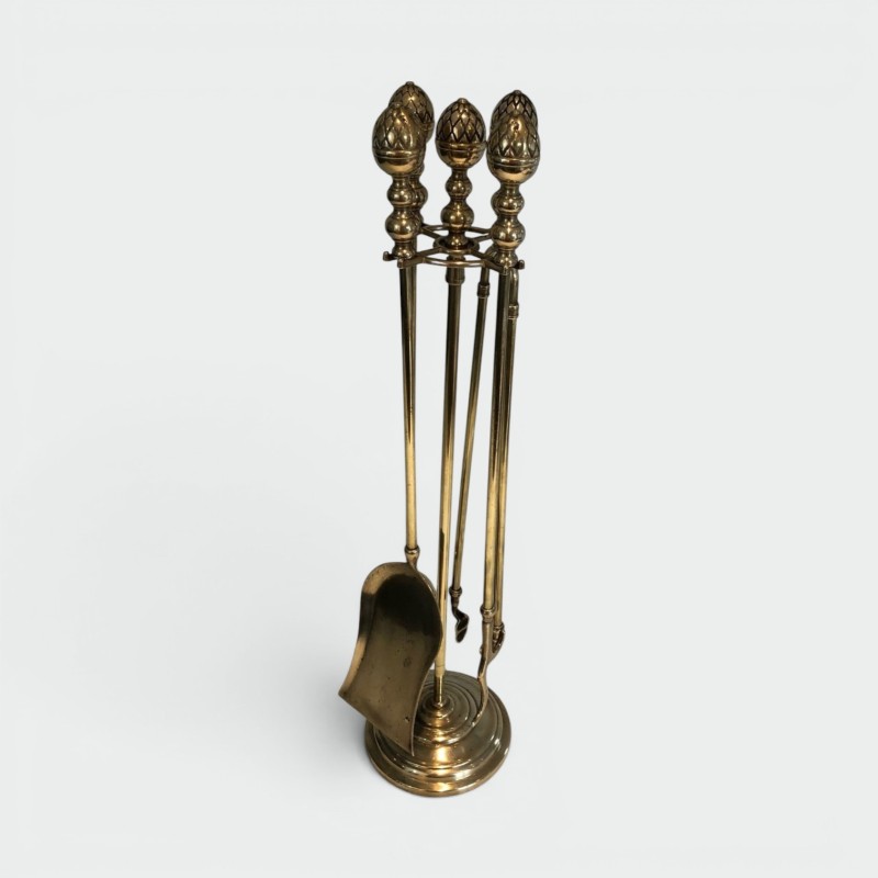 Neoclassical Brass Fireplace Companion Set with Pine Cone Finials, Baguès Style