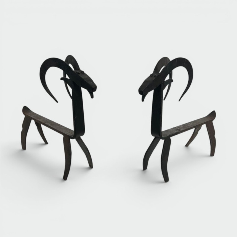 Pair of Wrought Iron Goat Andirons in the Style of Édouard Schenck