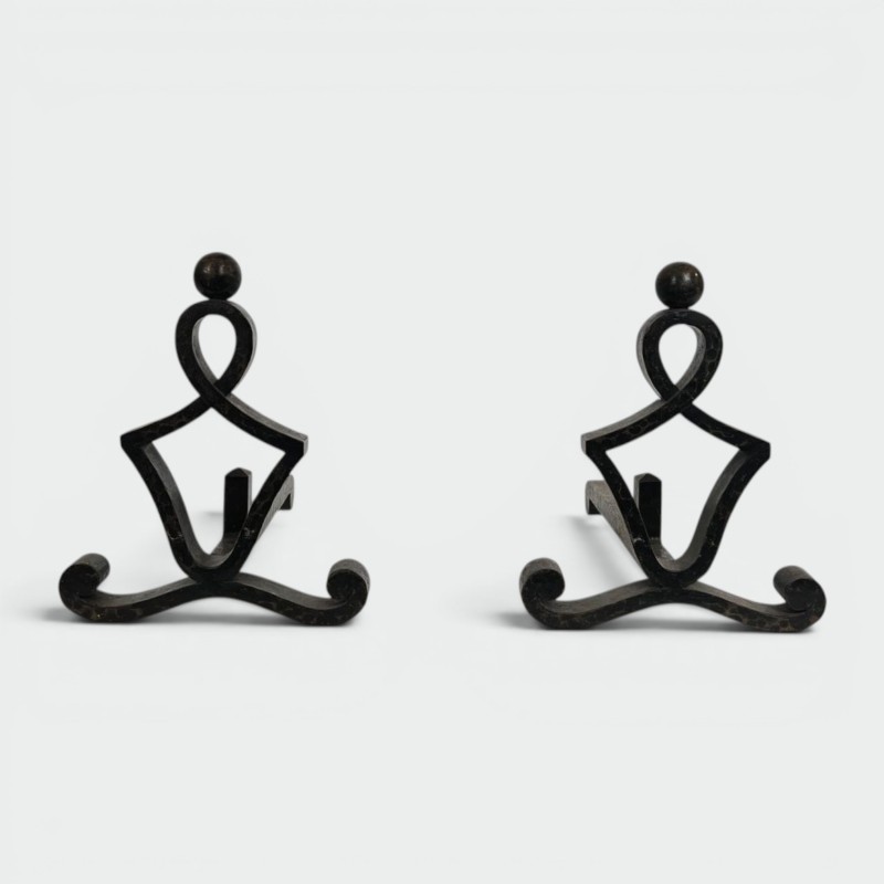 Pair of Modernist Wrought Iron Figural Andirons with Ball Finials and Scroll Feet
