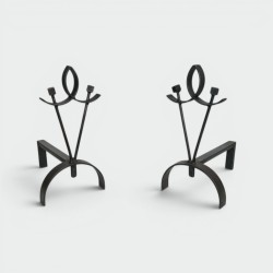 Pair of Modernist Wrought Iron Andirons with Loop Finial and Knob-Branch Uprights