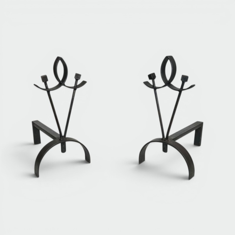 Pair of Modernist Wrought Iron Andirons with Loop Finial and Knob-Branch Uprights