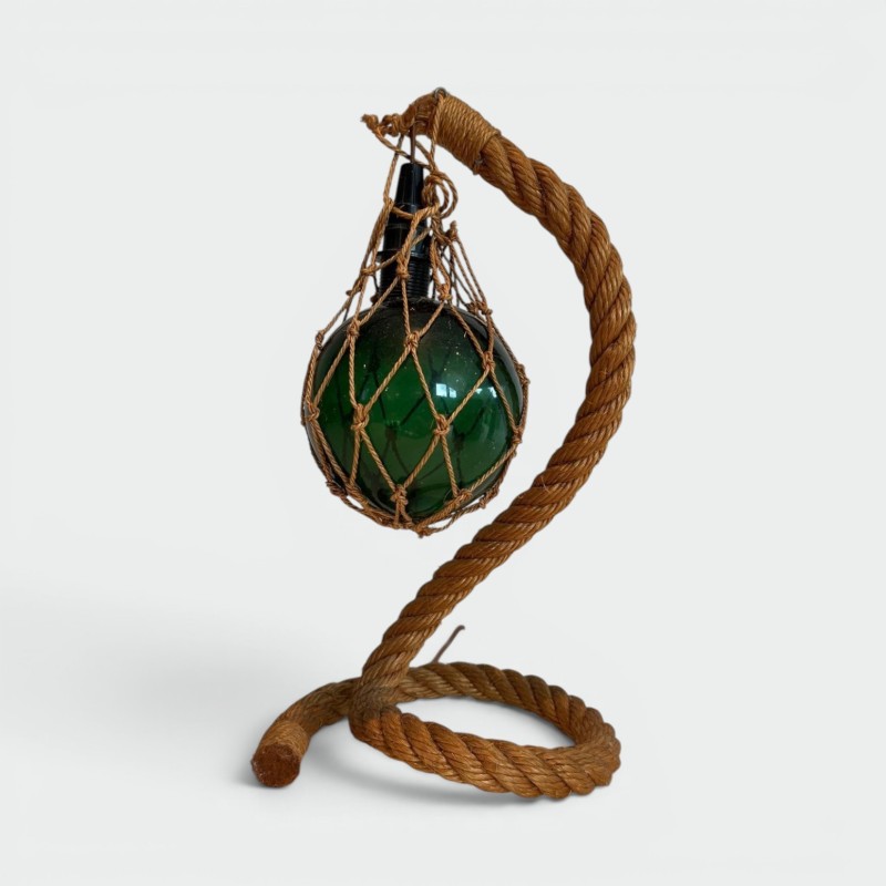Rope and Green Glass Table Lamp by Audoux-Minet, French Work, circa 1950