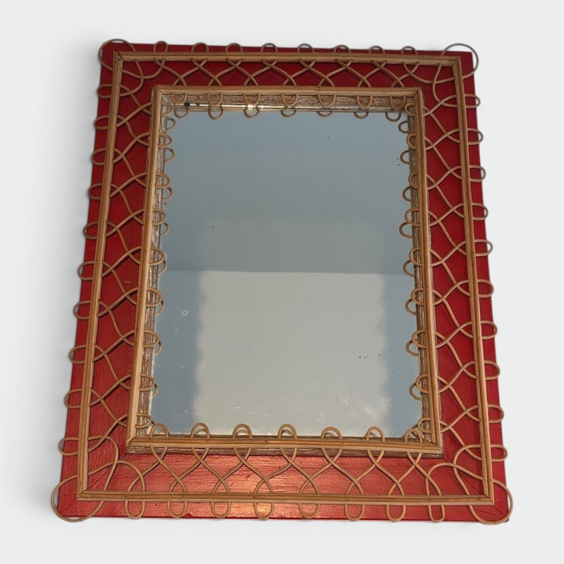 Miroir en Treillis de Rotin sur Fond Cramoisi — Travail Français, Vers 1940