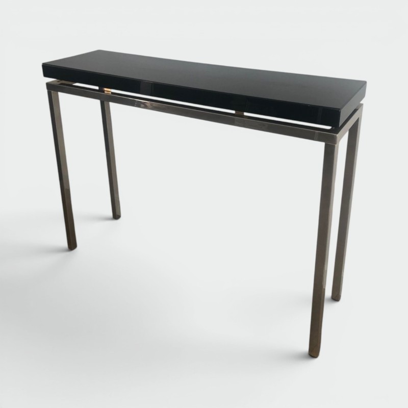 Console Chromée Épais Plateau Laqué Noir, Travail Français, France, vers 1970