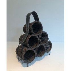 Rattan, Lacquered Metal and Leather Bottle Holder, French Work, circa 1970