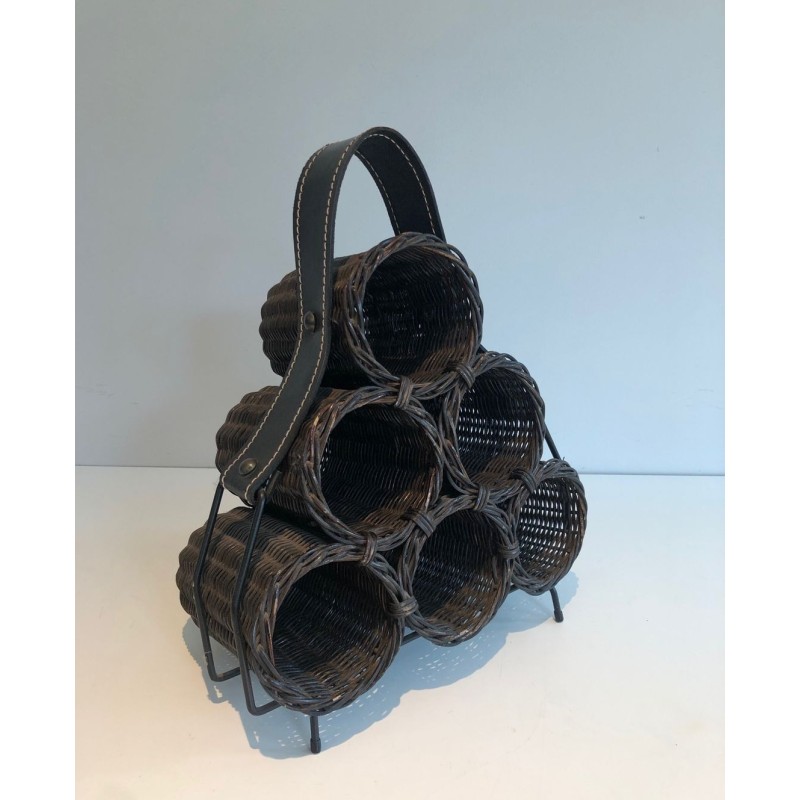 Rattan, Lacquered Metal and Leather Bottle Holder, French Work, circa 1970