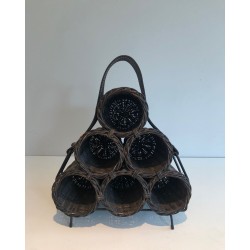 Rattan, Lacquered Metal and Leather Bottle Holder, French Work, circa 1970