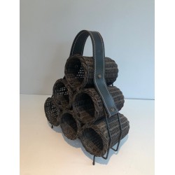Rattan, Lacquered Metal and Leather Bottle Holder, French Work, circa 1970