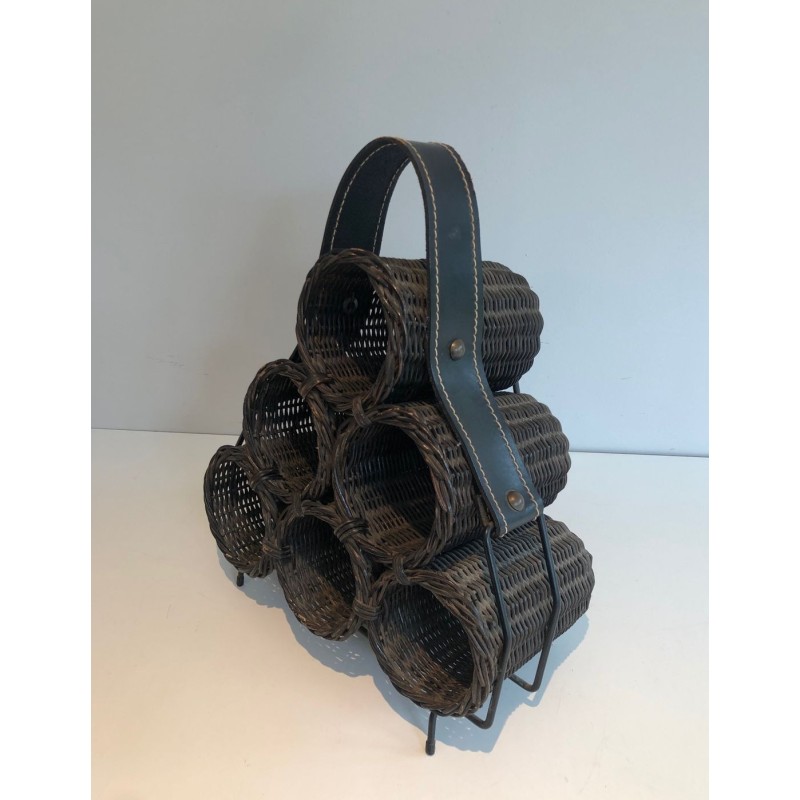 Rattan, Lacquered Metal and Leather Bottle Holder, French Work, circa 1970