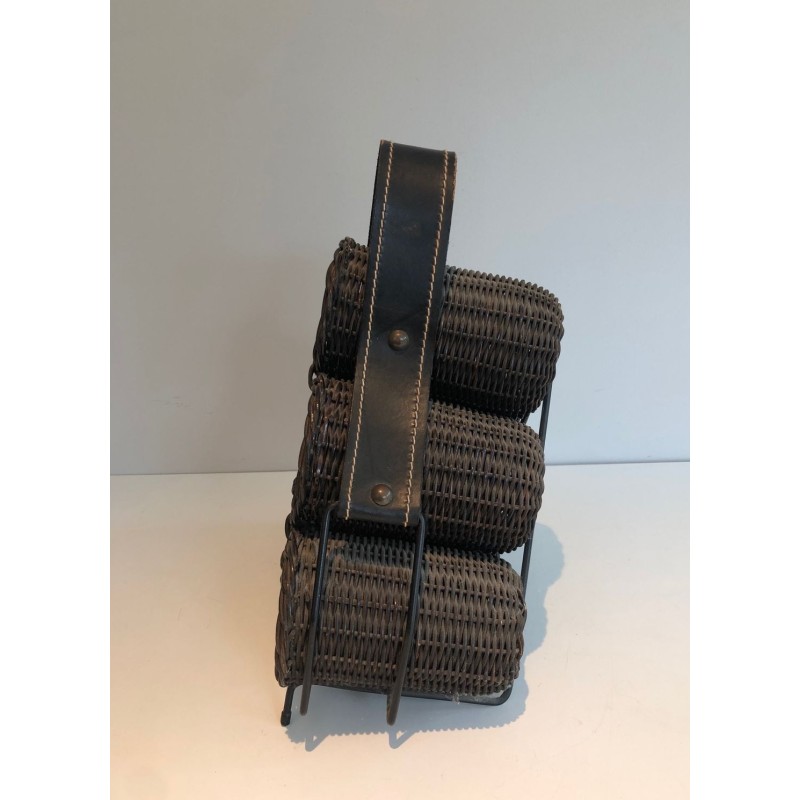 Rattan, Lacquered Metal and Leather Bottle Holder, French Work, circa 1970