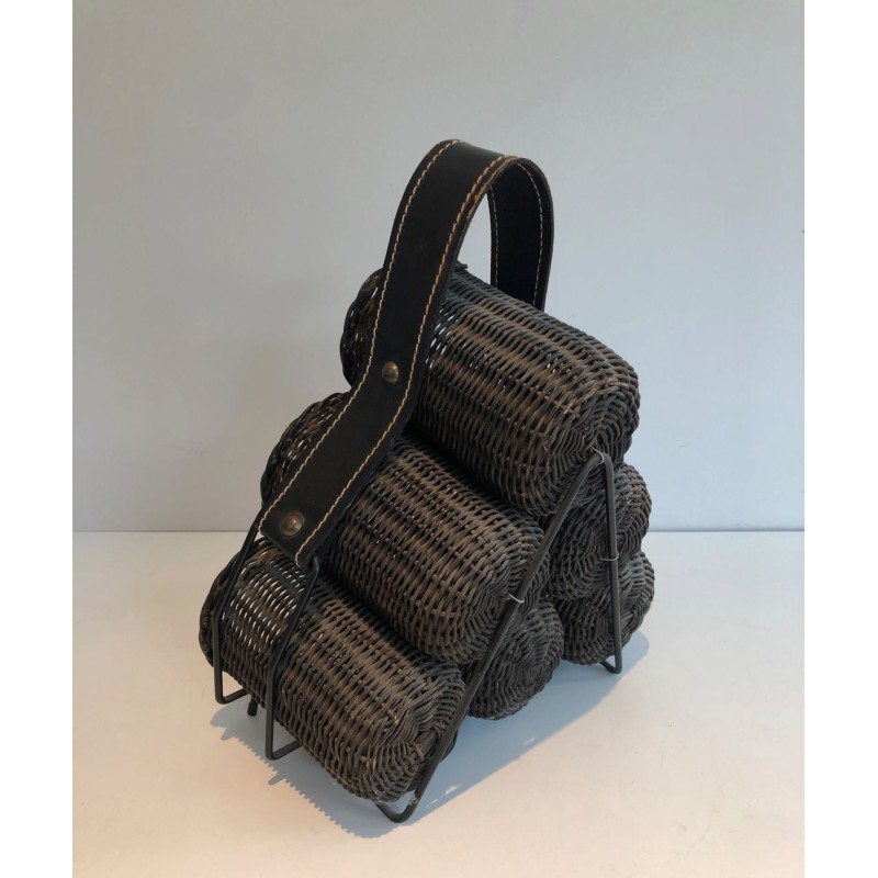 Rattan, Lacquered Metal and Leather Bottle Holder, French Work, circa 1970