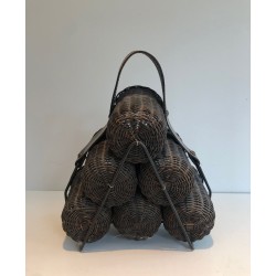 Rattan, Lacquered Metal and Leather Bottle Holder, French Work, circa 1970