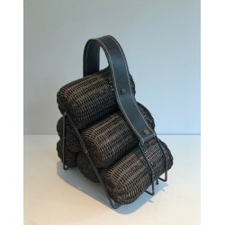 Porte-Bouteilles en Rotin, Métal Laqué et Cuir, Travail Français, vers 1970