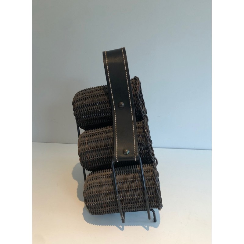 Rattan, Lacquered Metal and Leather Bottle Holder, French Work, circa 1970