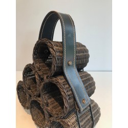 Porte-Bouteilles en Rotin, Métal Laqué et Cuir, Travail Français, vers 1970