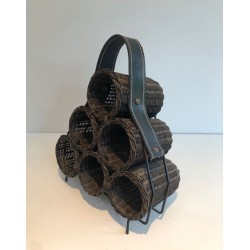 Rattan, Lacquered Metal and Leather Bottle Holder, French Work, circa 1970