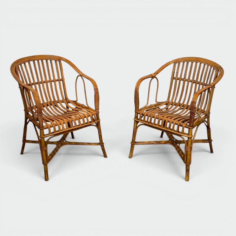 Paire de Fauteuils en Rotin à Dossier Enveloppant, Travail | Maison Barrois