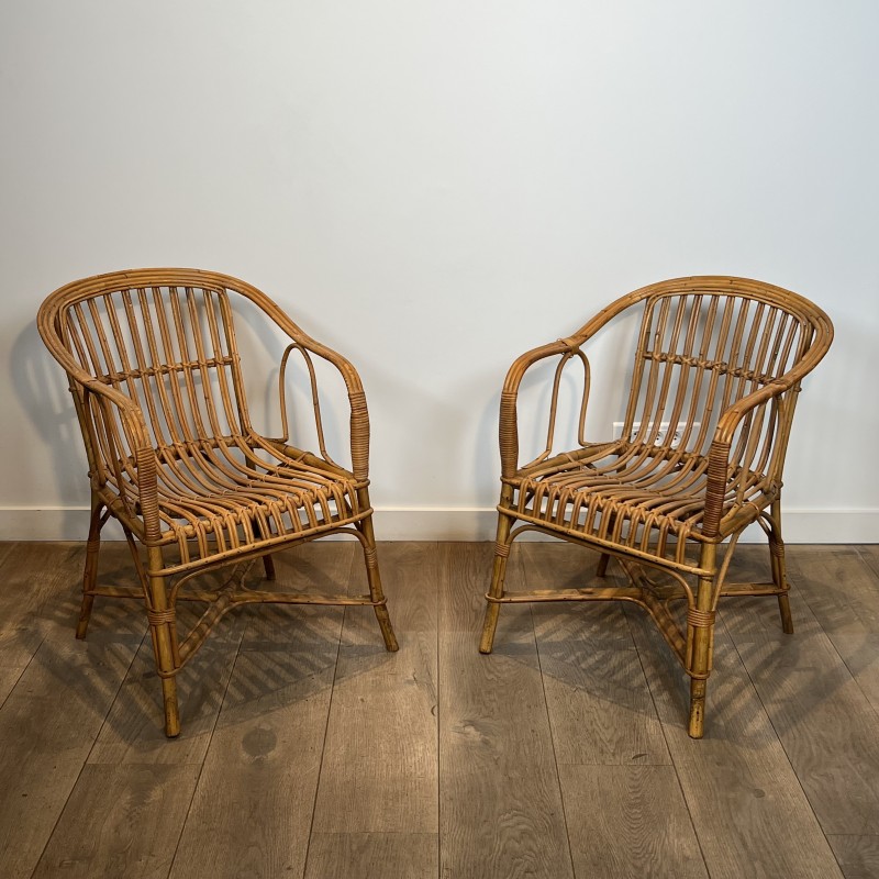Paire de Fauteuils en Rotin à Dossier Enveloppant, Travail | Maison Barrois