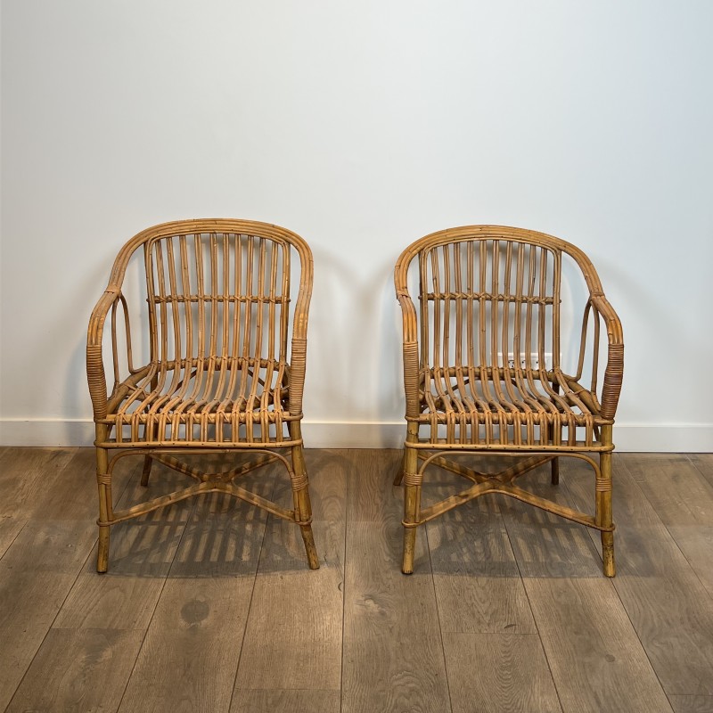 Paire de Fauteuils en Rotin à Dossier Enveloppant, Travail | Maison Barrois