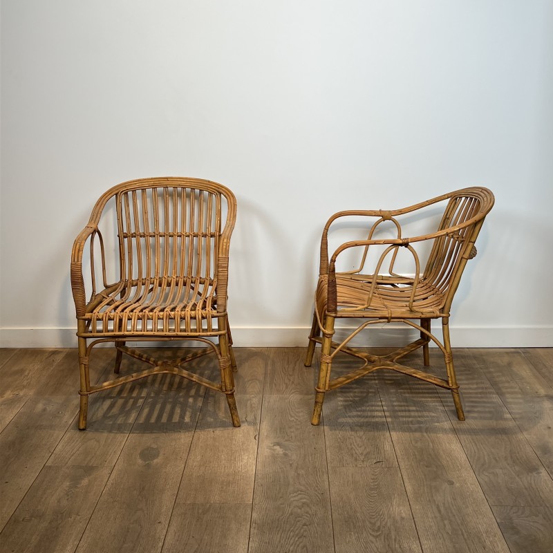 Paire de Fauteuils en Rotin à Dossier Enveloppant, Travail | Maison Barrois