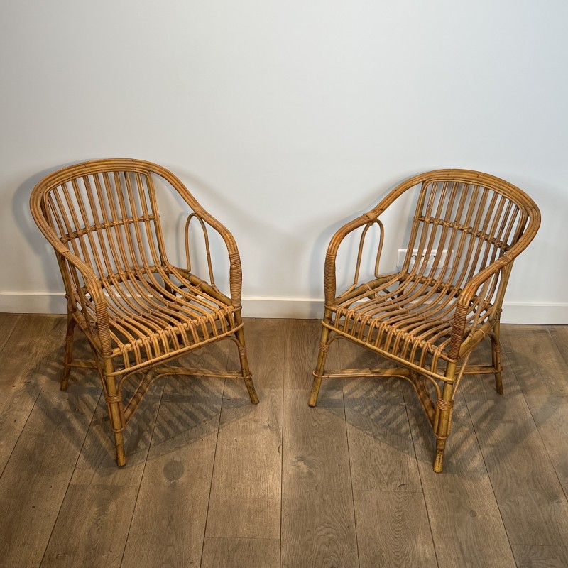 Paire de Fauteuils en Rotin à Dossier Enveloppant, Travail | Maison Barrois