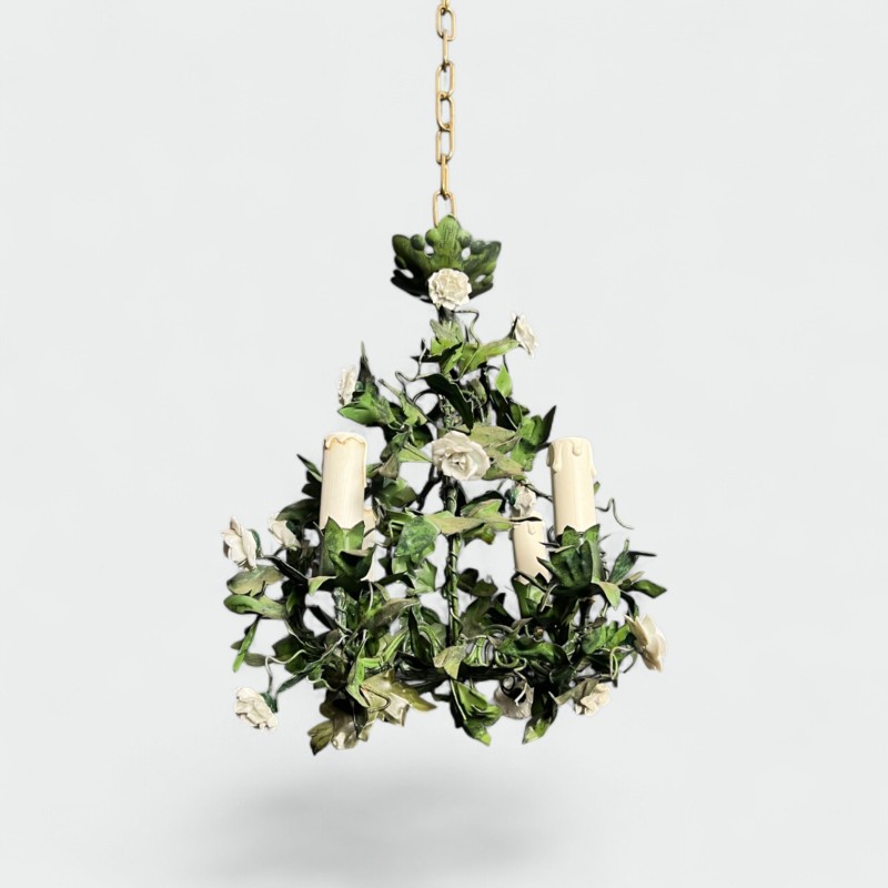 Lustre en Tôle Peinte à Décor de Feuillage Vert et Fleurs | Maison Barrois