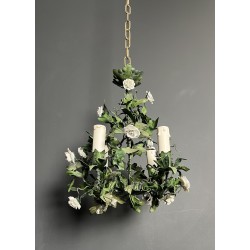 Lustre en Tôle Peinte à Décor de Feuillage Vert et Fleurs | Maison Barrois