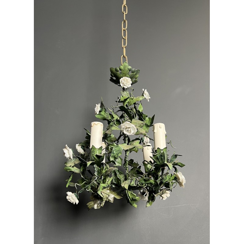 Chandelier in Painted Tole with Green Foliage and White Po | Maison Barrois