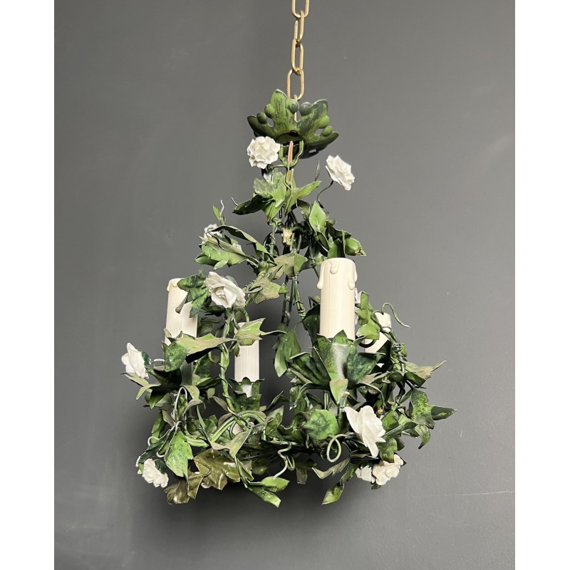 Lustre en Tôle Peinte à Décor de Feuillage Vert et Fleurs | Maison Barrois